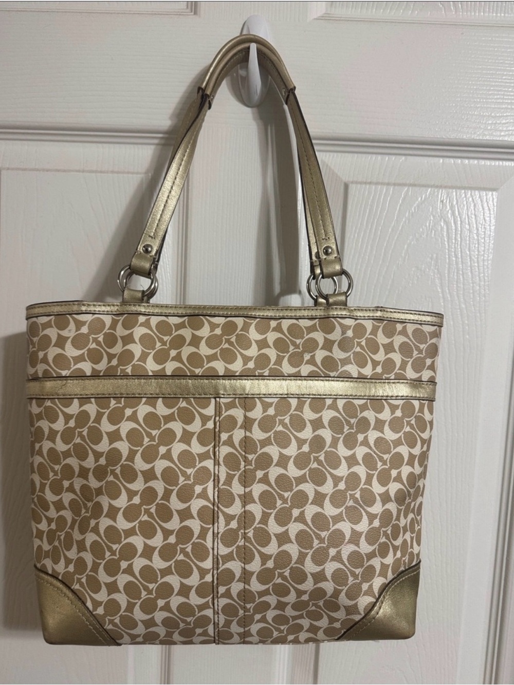 Vintage Coach Signature Stripe Tote Bag Gold Khaki + Matching Leather Wristlet - Picture 7 of 15